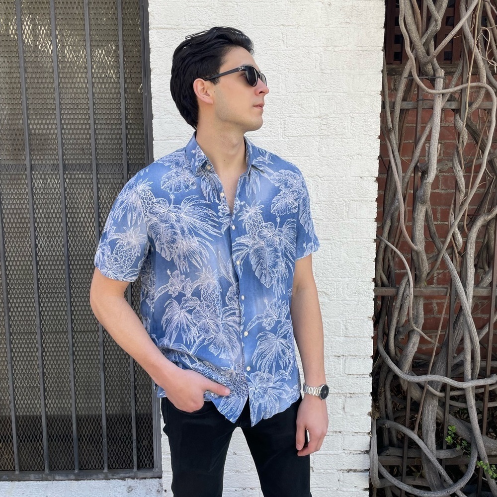 tasso elba Hawaiian summer tropical button down silk shirt sz L
